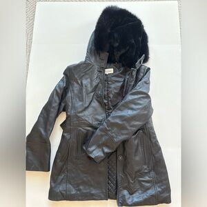 Calvin Klein Leather Coat Real Fur Trim Hood Black Size Medium